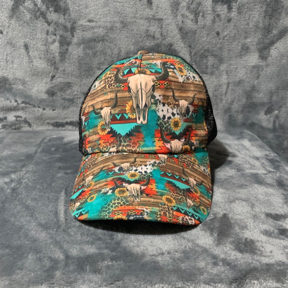 Womens Western Bull Skull Sunflower Ponytail Trucker Hat Mesh Back Cap Multi